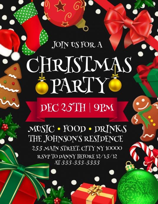 a christmas party flyer with presents and ornaments on it's black background, including red ribbon