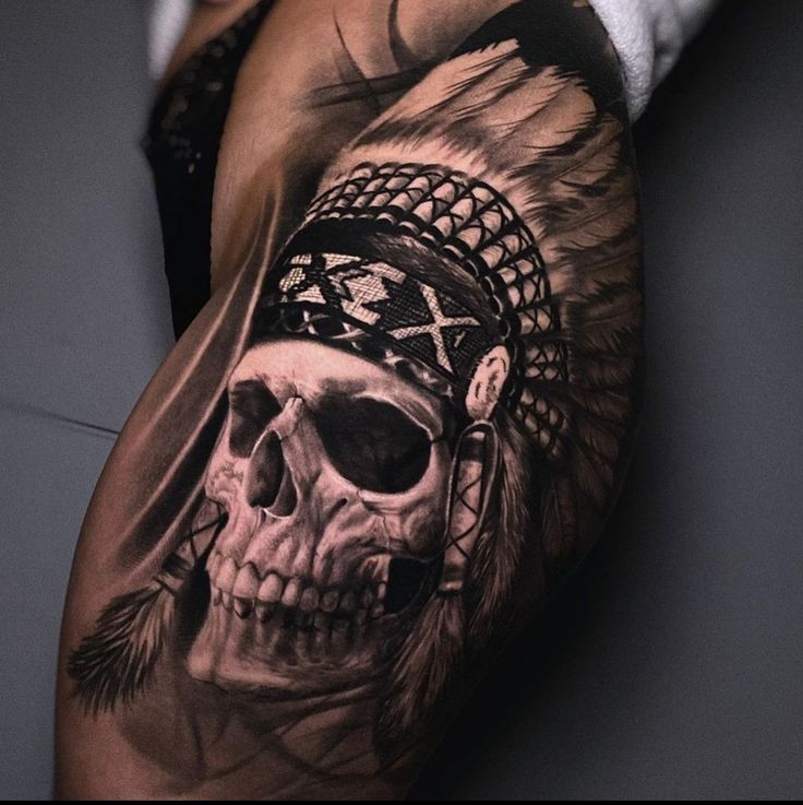 Skull In Headdress Tattoo, Skull Head Dress Tattoo, Skull Headress Tattoos, American Indian Skull Tattoo, Indian Chief Skull Tattoo, Indian Skeleton Tattoo, Skull Chief Tattoo, Skull And Headdress Tattoo, Native Skull Tattoo