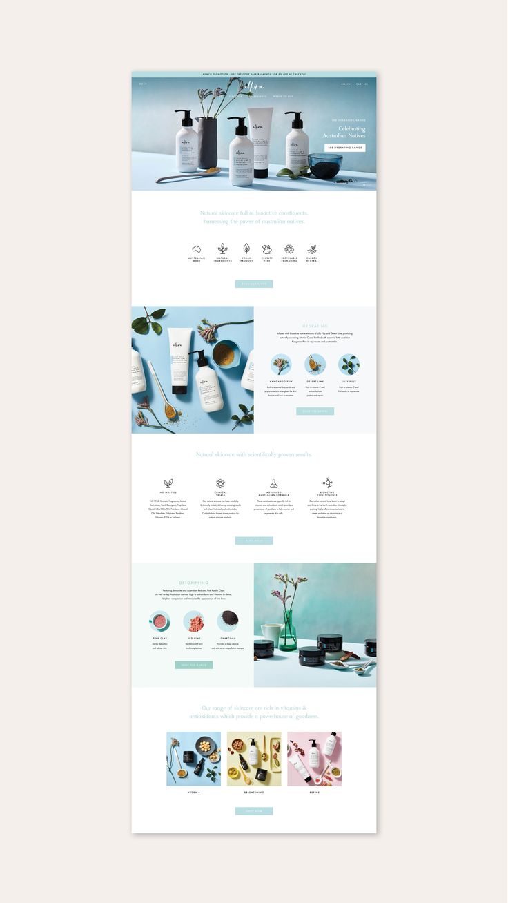 Alkira Skincare Web Design Website Banner Design Graphics, Skincare Website Design Layout, Ux Design Inspiration Web, Cosmetic Website Design Layout, Website Banner Design Ideas, Skincare Landing Page, Landing Page Layout Design, Website Page Layout, Skincare Web Design