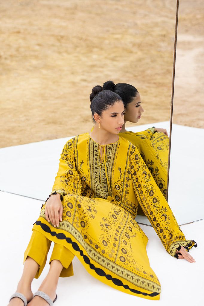 Mishal (B) – Sania Maskatiya International Elegant Yellow Sets With Printed Motifs, Yellow Silk Kurta For Eid, Yellow Silk Sets With Printed Motifs, Yellow Silk Long Sleeve Kurta, Bollywood Style Yellow Silk Kurta, Mustard Color Straight Kurta Set, Mustard Straight Kurta Sets, Bohemian Yellow Palazzo Set With Printed Motifs, Yellow Bohemian Palazzo Set With Printed Motifs