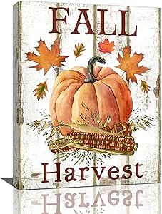 a sign that says fall harvest with pumpkins and leaves