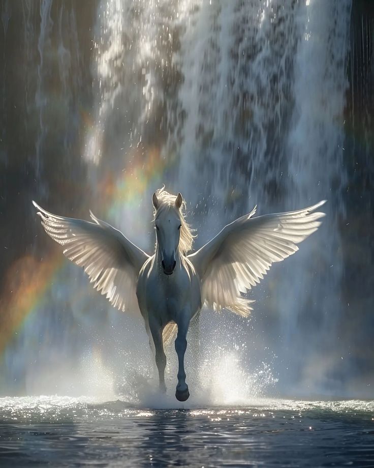 a white horse with its wings spread out in front of a waterfall and rainbows