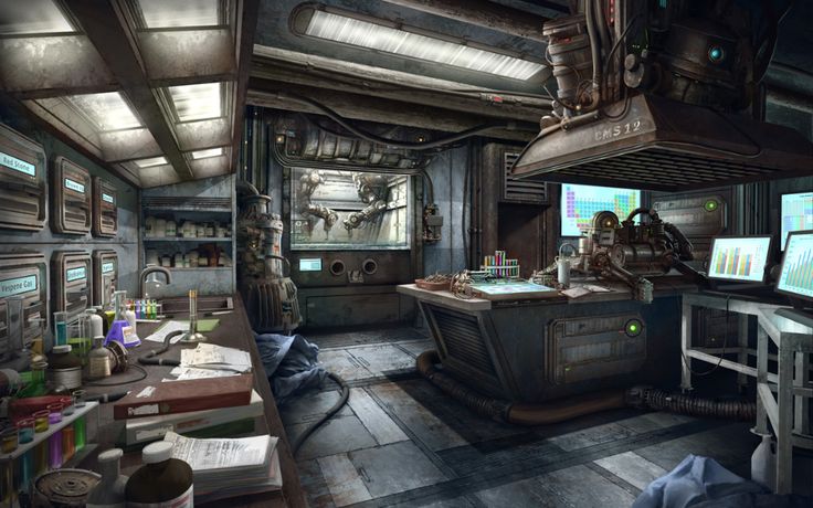 a sci - fi kitchen with lots of counter space and equipment on the walls,