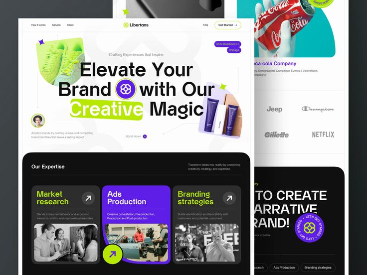 the website design for creative products is displayed on two different screens, one with an advert