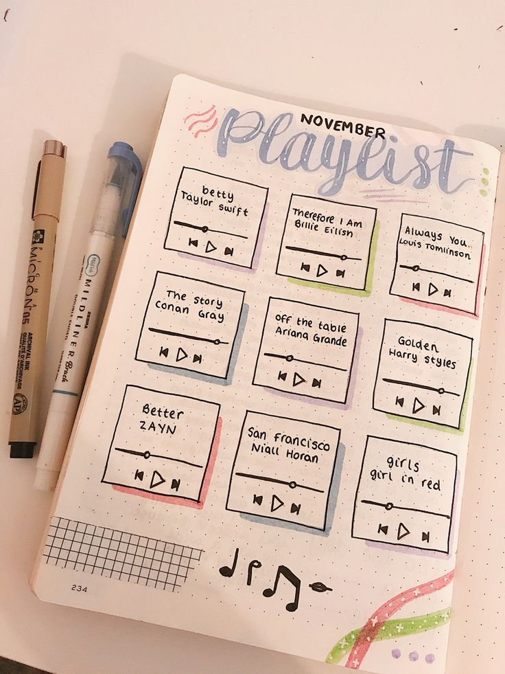 a notebook with some writing on it next to a pen and marker, which says november playlist