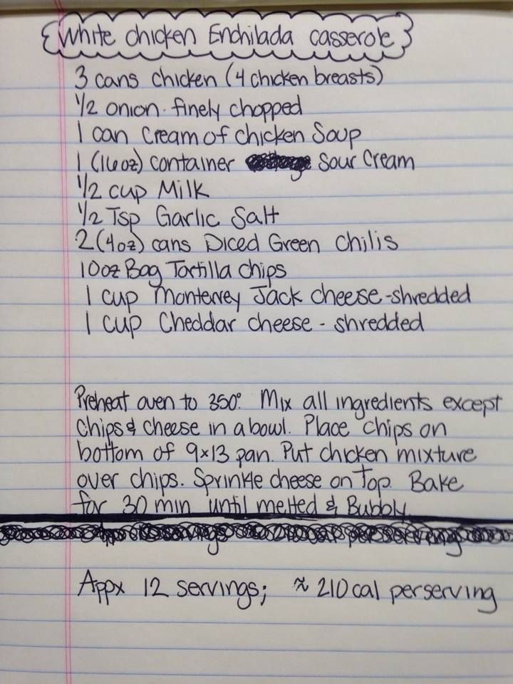 the recipe for chicken enchilada casserole is shown in a notebook