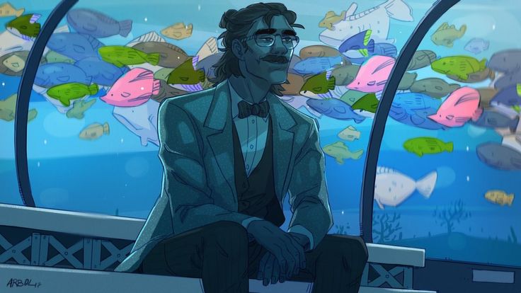 a man sitting on top of a bench in front of an aquarium filled with fish