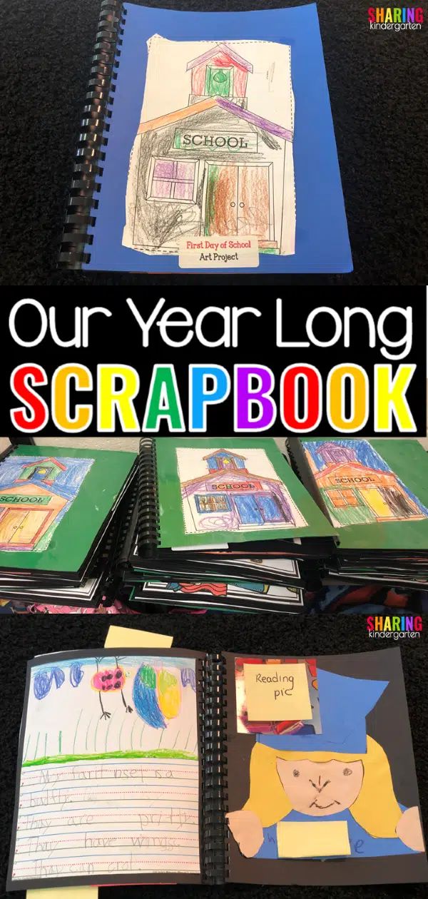 the year long scrapbook is open and ready to be filled with children's drawings