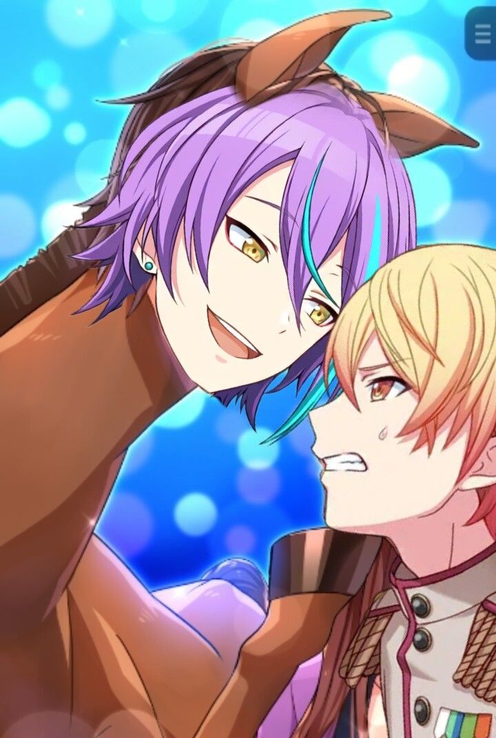 two anime characters one with purple hair and the other with blue eyes, standing next to each other