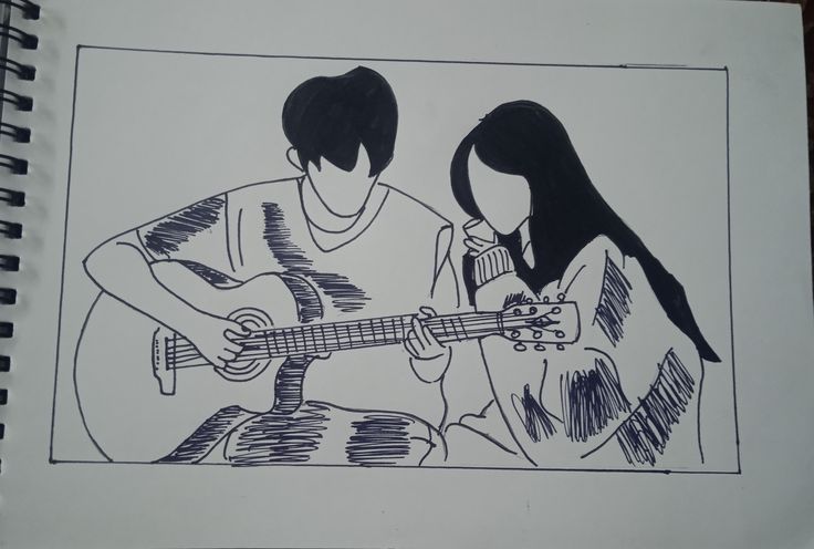 a drawing of two people playing the guitar