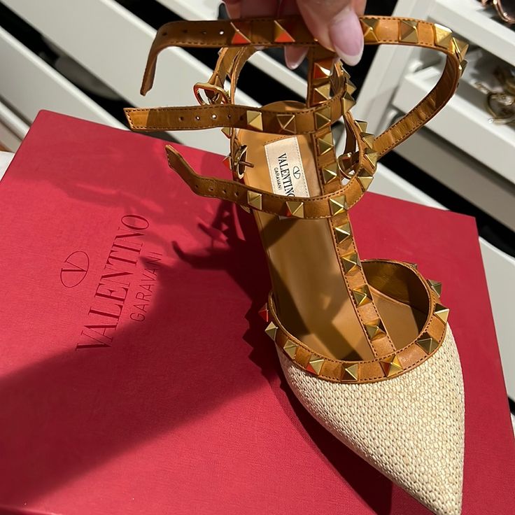 Brand New. Never Worn Designer Beige Calf Leather Heels, Designer Brown Pointed Toe Sandals, Designer Beige Closed Toe Heels, Designer Beige Heels With Heel Strap, Valentino Rockstud Flats, Valentino Rockstud Sandals, Valentino Heels, Flower Heels, Red Studs