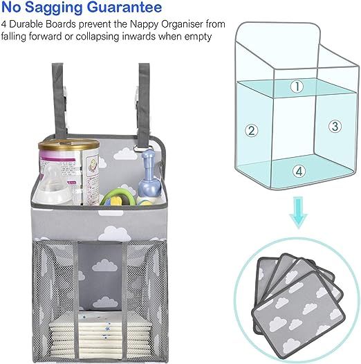 an image of a storage bag for diapers and baby products with instructions on how to use it