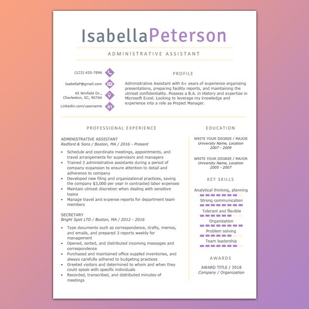 a professional resume template for an assistant in the office, it's designed to look like