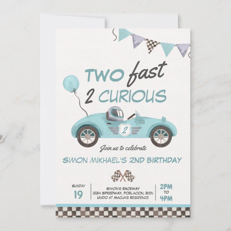 a blue car birthday party card with the words growing up two blast on it's front