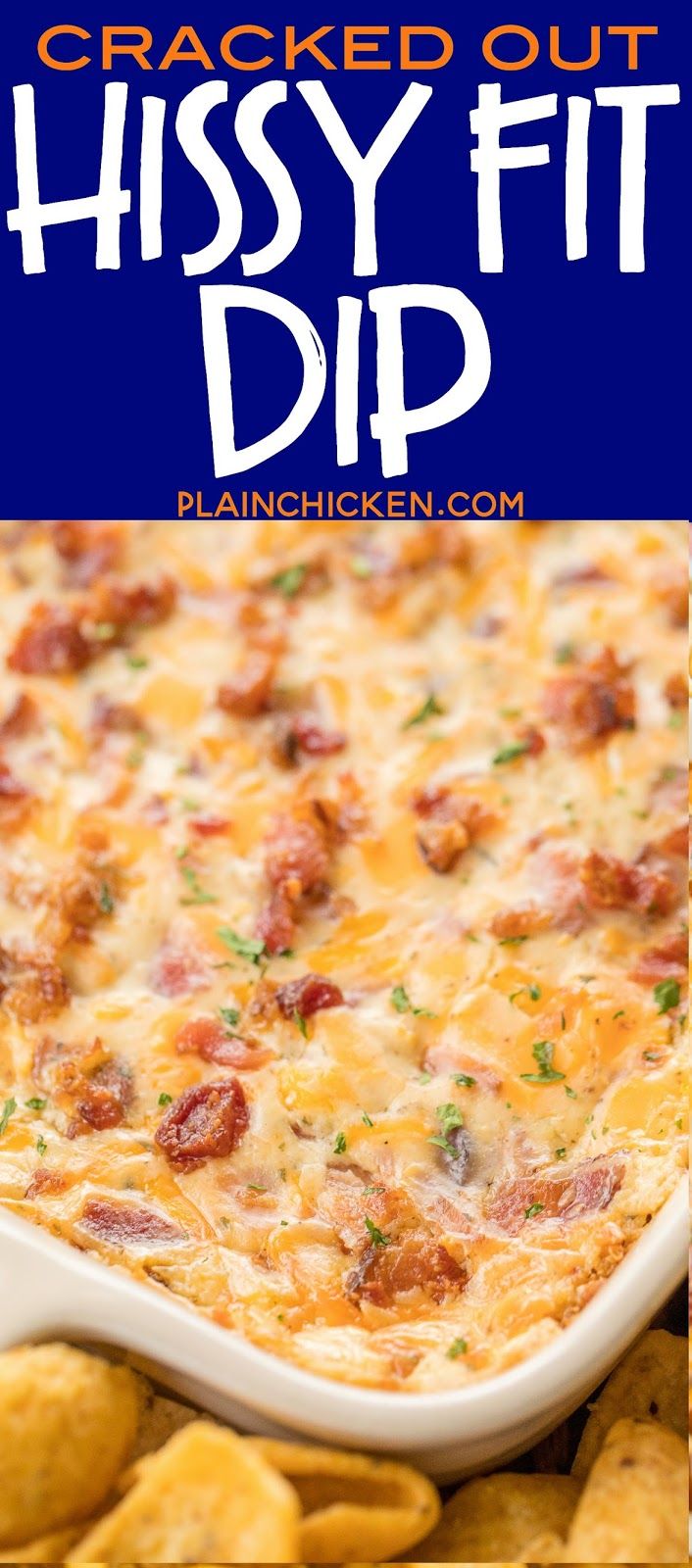 a casserole dish filled with cheese and bacon is shown in the foreground text reads cracker out hisy fit dip