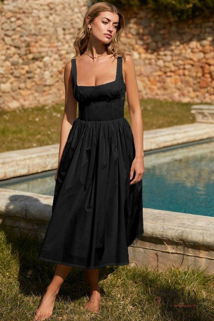 Embrace timeless elegance with our Maeve Square Neck Ruched Bust Midi Dress. This classic black dress exudes sophistication, featuring a sleeveless design and a flattering square neckline that effortlessly accentuates your silhouette. Crafted with attention to detail, the ruched bust adds a touch of texture and dimension, enhancing the overall allure of the dress. The back zipper ensures easy wear, while the banded torso offers a structured yet comfortable fit. Designed with practicality in mind Midi Dress Elegant, Calf Sleeve, Long Red Dress, Long Midi Dress, Dresses Red, Crop Top Blouse, Long Dresses, Spaghetti Strap Dresses, Black Midi Dress