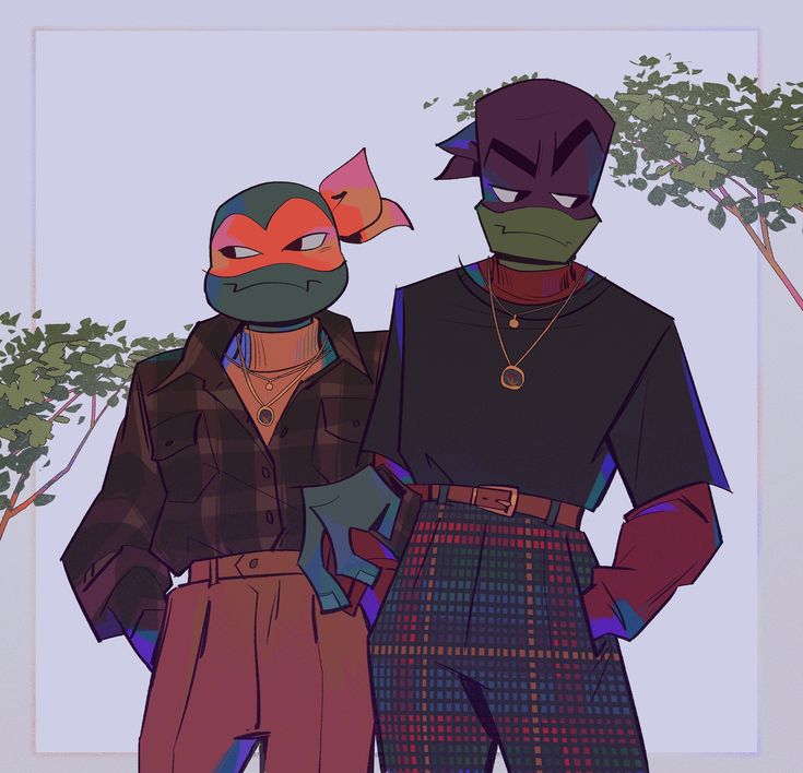 two people wearing ninja masks standing next to each other in front of trees and bushes