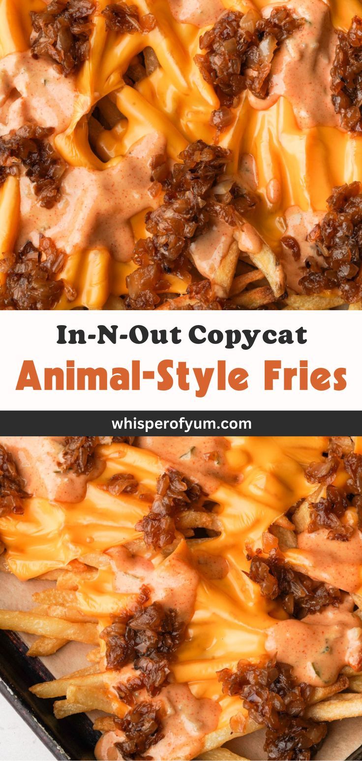 Animal style fries, in-n-out copycat. Shoe-string fries topped with melted American cheese, in-n-out sauce, caramelized onions Animal Fries In N Out, Fast Food At Home Recipes, In And Out Sauce, In N Out Sauce, How To Carmalize Onions, Fries At Home, Animal Style Fries, Crispy Fries, Zesty Sauce