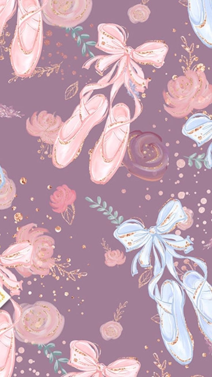 a purple background with ballet shoes and flowers