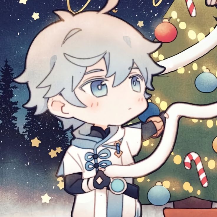 an anime character is standing in front of a christmas tree and holding a candy cane