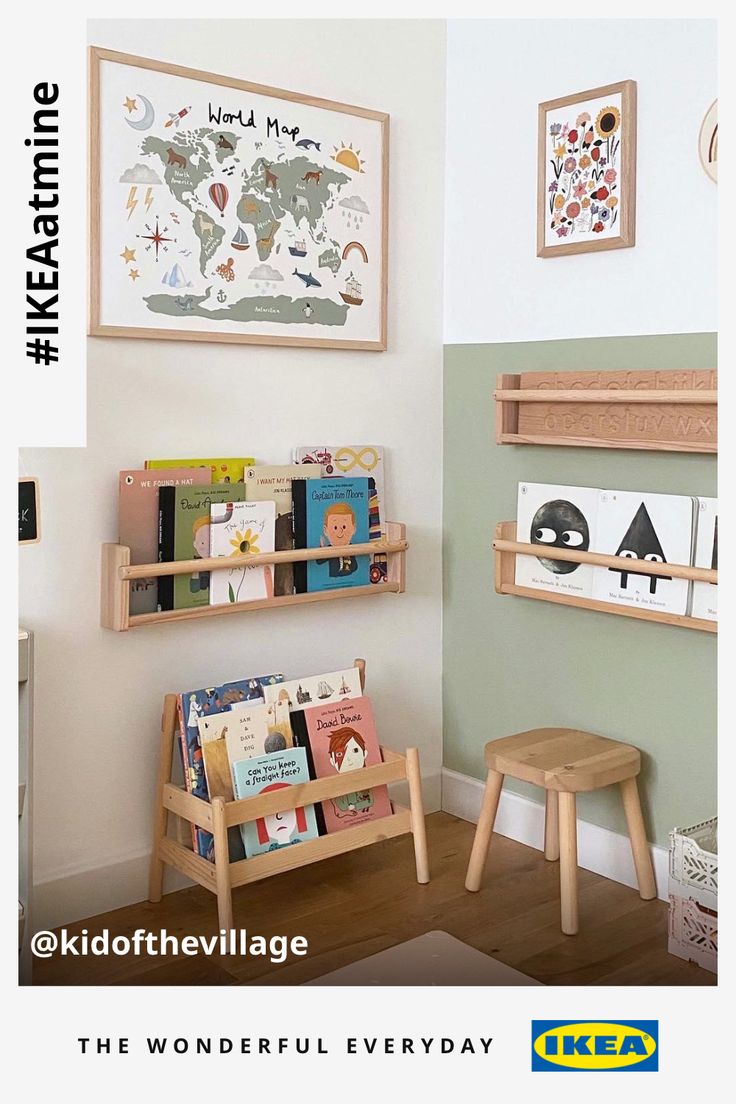 the children's bookshelf is next to the wall with pictures on it