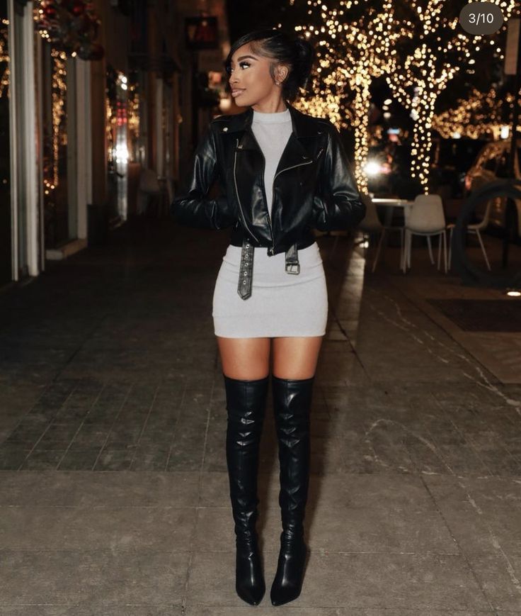 Knee High Boots Birthday Outfit, Silver Thigh High Boots Outfit, Party Fits Baddie, Outfit Theater, Black Thigh High Boots Outfit, Casual Club Outfits, Winter Club Outfits, Black Knee High Boots Outfit, Long Boots Outfit