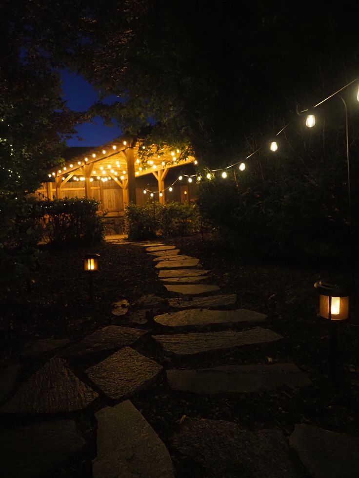 an outdoor walkway with lights strung over it and trees in the background at night time