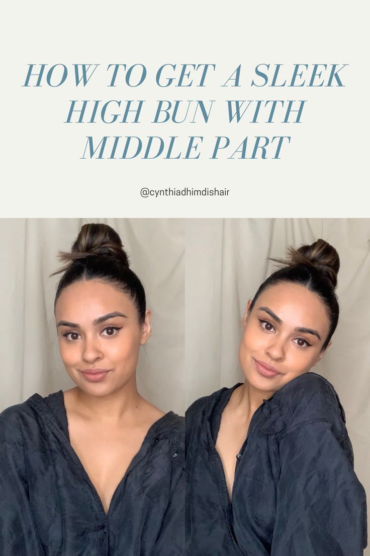 Top Bun Outfit, Slicked Top Knot High Bun, Top Knot Formal Hair, Messy Top Bun With Middle Part, High Ponytail With Part In The Middle, High Slicked Bun, Updos For Medium Length Hair Middle Part, Sleek Bun With Middle Part, High Middle Part Bun