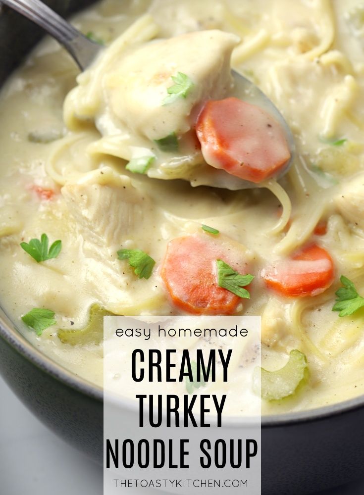 creamy turkey noodle soup in a black bowl with a spoon and title overlay