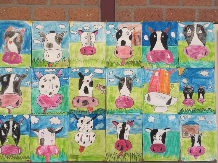 several pictures of cows painted on paper with colored pencils and watercolor paints,