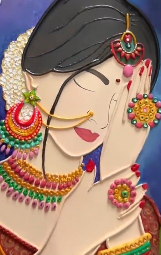 a painting of a woman wearing jewelry and holding her hand to her face