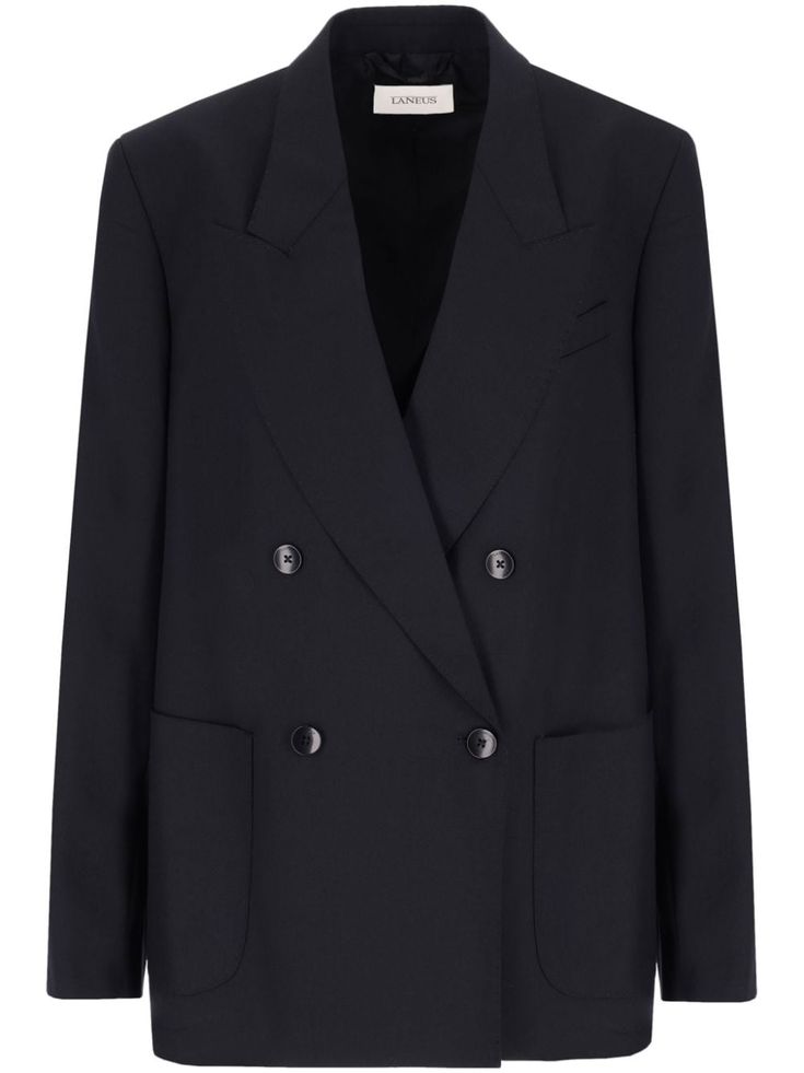 black wool double-breasted button fastening peak lapels chest welt pocket two front patch pockets long sleeves buttoned-cuff sleeves straight hem Wardrobe Edit, Yoko London, Iconic Bags, Blazer Black, Breasted Blazer, Oversized Blazer, Double Breasted Blazer, Exclusive Fashion, Ballet Flat Shoes