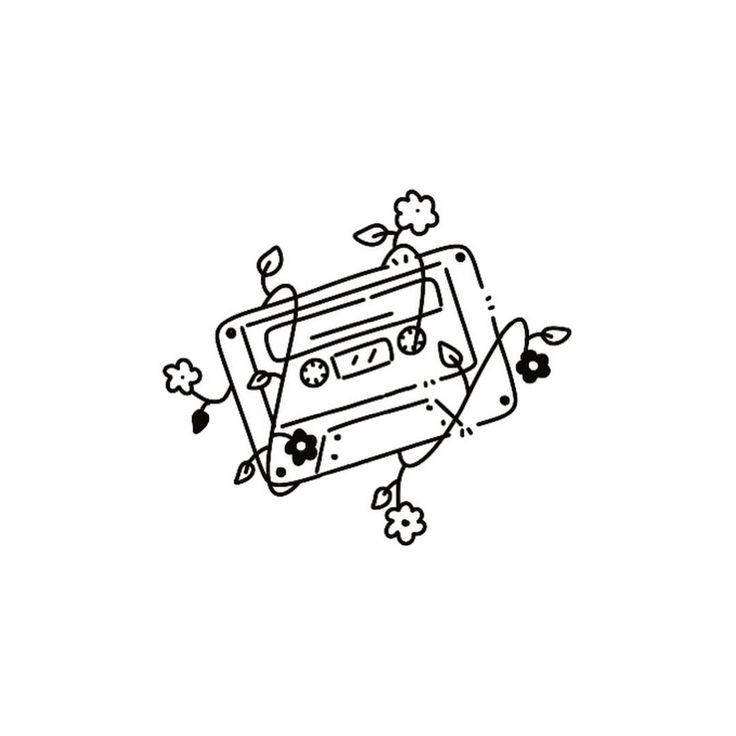 a black and white drawing of an old school cassette player with flowers on it's head