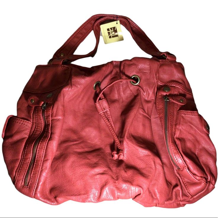 Beautiful Slouchy Hobo Style Handbag, Brick Red Color, Lizard-Skin Appearance Of Faux Leather, Does Have Both Zip And Slip Pockets Inside As Well As 2 Zippered Pockets And 2 Snap Pockets On The Outside. Does Have Two Minor Flaws-One Is In Photo #6, Center Of Top Panel Has A Small Mark/Scuff. The Other Is In Photo #13, Center Of Bottom Of Bag Has A Small Mark On It. Red Hobo Bag For Travel, Red Shoulder Bag With Pockets For Shopping, Casual Red Hobo Bag With Zipper Closure, Everyday Red Hobo Bag With Zipper Closure, Red Hobo Bag With Removable Pouch, Red Hobo Shoulder Bag With Zipper Pocket, Red Double Handle Bag With Pockets, Red Leather Pouch Hobo Bag, Red Hobo Bag With Gold-tone Hardware For Travel