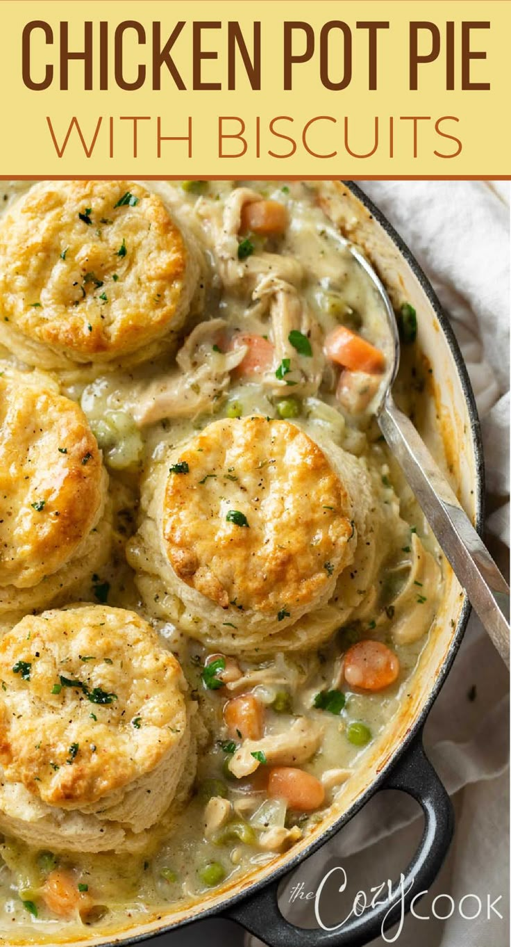 chicken pot pie in a pan topped with biscuits Chicken Pot Pie With Biscuits, Pot Pie With Biscuits, Chicken Pot Pie Filling, Pot Pies Recipes, Chicken Pot Pie Recipes, Winter Dinner, Chicken Dishes Recipes, Dinner Idea, Recipes Chicken