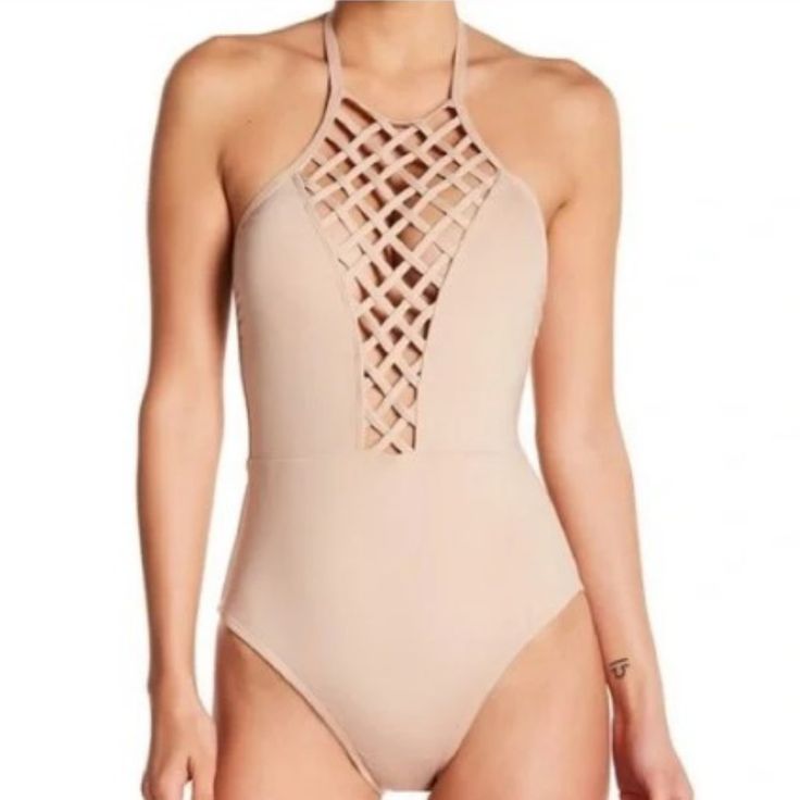 Kenneth Cole One Piece Swimsuit Size Medium Lattice Design In Front, Halter Style Nude Color Removable Cup Inserts Fabric Content: 84% Nylon, 16% Elastane New Without Tags Chic Beige Stretch Swimwear, Fitted Strappy Bodysuit For Spring, Beige Lined Swimwear For Spring, Fitted Beige Bodysuit For Poolside, Spring Beige Lined Swimwear, Fitted Strappy Bodysuit For Beach Season, Chic Strappy Stretch Swimwear, Chic Fitted Strappy Swimwear, Lattice Design