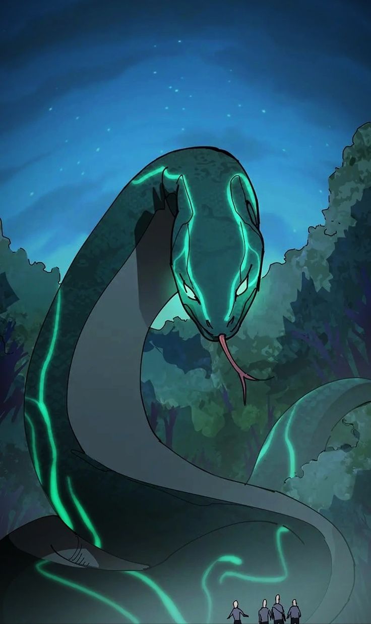 an animated image of a green snake on the ground with two people standing in front of it