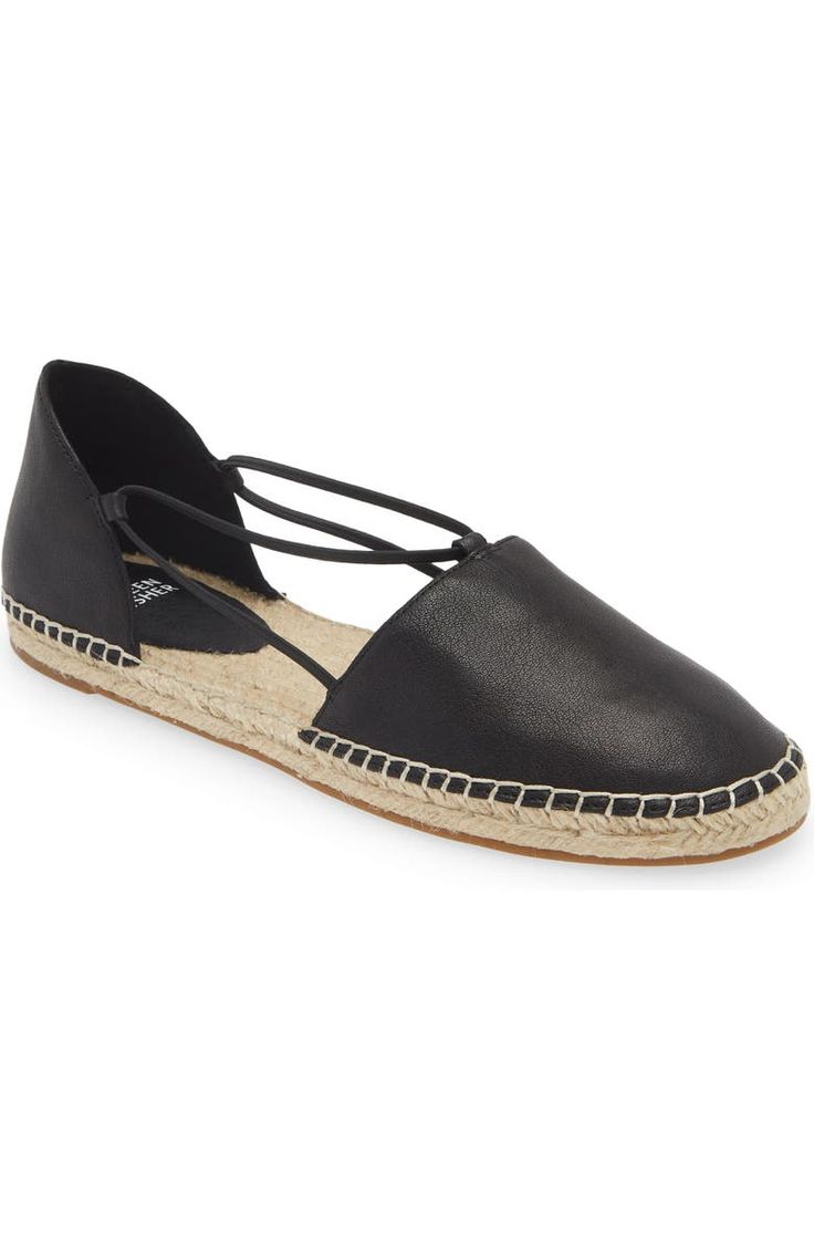 Eileen Fisher Lee Espadrille Flat (Women) | Nordstrom Chic Leather Sandals With Leather Trim, Natural Synthetic Espadrilles With Cushioned Footbed, Casual Open Toe Sandals With Leather Trim, Natural Leather Slip-on Espadrilles, Leather Sandals With Leather Trim For Spring, Spring Beach Flats With Leather Footbed, Leather Trim Round Toe Sandals, Leather Flat Espadrilles With Woven Sole, Leather Espadrilles With Woven Sole And Flat Heel