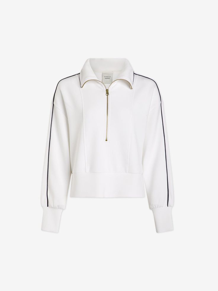 A casual wardrobe staple, it's designed with dropped shoulders, front panelling, and contrast piping for a retro-sporty look. Perfect for effortless styling post-match or during leisurely outings. White Rehearsal Dress, Perfect White Tee, Linen Bottoms, Silk Bottoms, Linen Jackets, Half Zip Sweatshirt, Contrast Piping, Silk Jacket, Cropped Sweatshirt