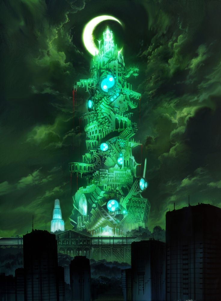 an animated image of a green tower in the sky with glowing lights on it's sides