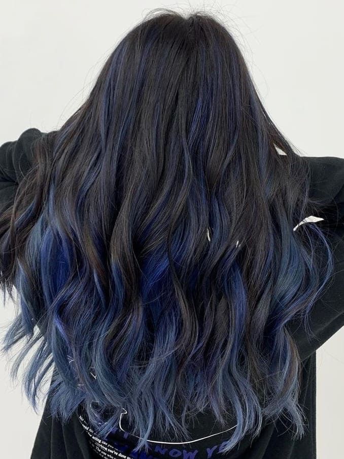 Blue Sombre on Long Wavy Black Hair Blue Brown Hair, Blue Hair Highlights, Blue Ombre Hair, Blue Black Hair, Dark Blue Hair, Hair Color Underneath, Hair With Highlights, Black Hair With Highlights, Psychology Student