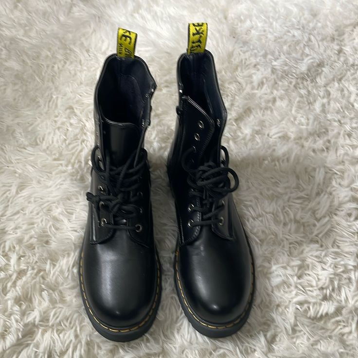 Nwot Blk Combat Boots Sz 8 But Seem Slightly Smaller. Zipper Closure On Side. No Brand. Black High Ankle Martin Boots With Zipper, Black Martin Boots With Zipper Closure, Black Ankle-high Combat Boots With Zipper, Spring High-top Combat Boots With Zipper Closure, Spring High Ankle Combat Boots With Zipper Closure, Black Combat Boots With Zipper For Streetwear, Casual Ankle-high Combat Boots With Zipper, Casual High Ankle Combat Boots With Zipper, Trendy Black Martin Boots With Zipper Closure