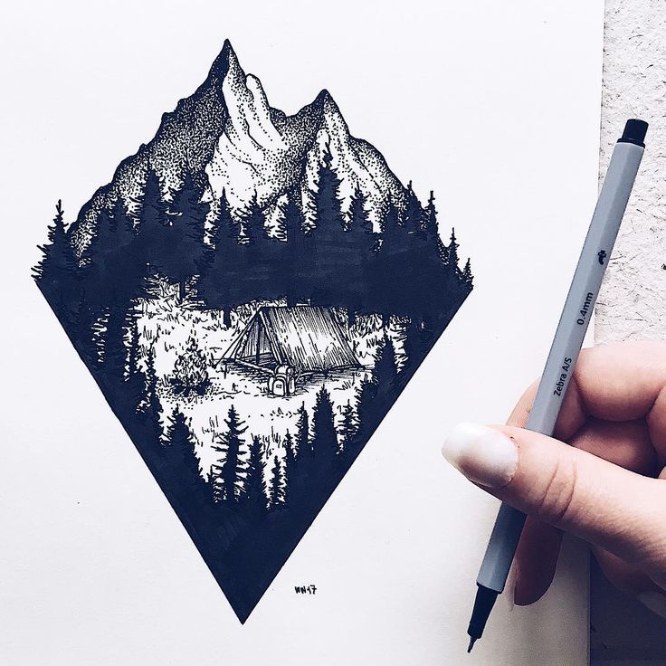 a person holding a pen and drawing a landscape with mountains, trees and a tent