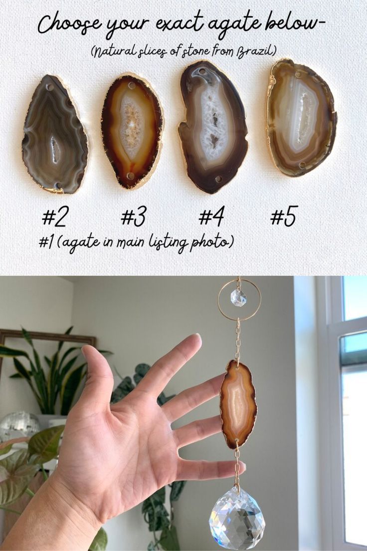 three different types of agate bead hangings on a white background with the words choose your exact date below