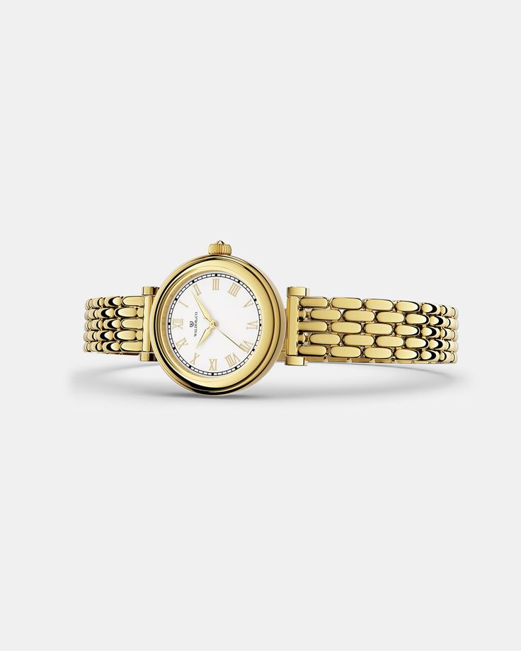 Case diameter: 24 mmCase thickness: 6,8 MMMaterial: 22k gold-plated 316L stainless steelDial: White dial in brassIndex & hands: Polished goldGlass: Flat sapphire coated mineral glassMovement: Seiko VJ21 Second hand: Yes, tickingWater Resistance: 3 ATM Strap: Solid strap in 22k gold-plated 304L stainless steelSize: All our straps are adjustable and fit wrists of all sizesLug width: 10 mmPackaging: Black presentation box with a white, leather interiorUnisex: YesWarranty: 2-year International Warra Yellow Gold Stainless Steel Watch For Gift, Gold Metal Watch With Polished Finish, Gold Metal Watches With Polished Finish, Luxury Yellow Gold Stainless Steel Watches, Elegant Gold-tone Watch With Round Dial, Elegant Gold Watch With Polished Finish, Classic Gold Stainless Steel Watch, Classic Stainless Steel Round Watch, Classic Stainless Steel Round Watches