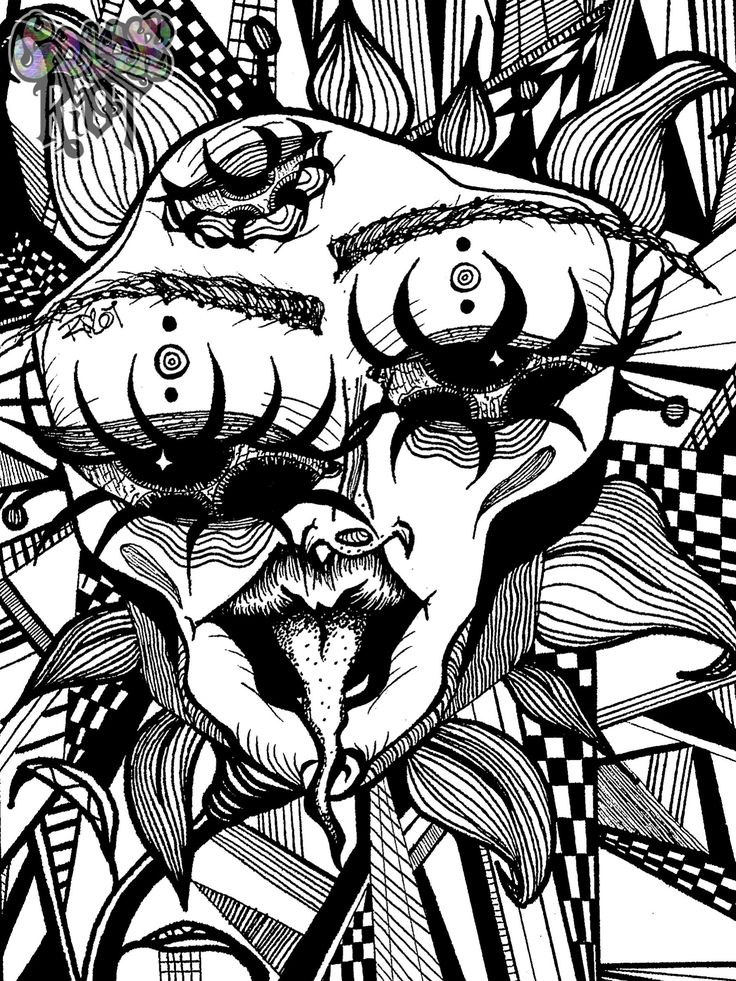 a black and white drawing of a woman's face surrounded by abstract shapes,