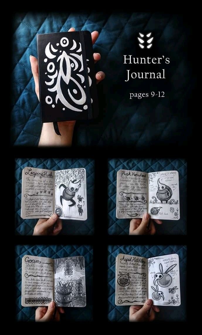 an open book with drawings on it and the words hunter's journal