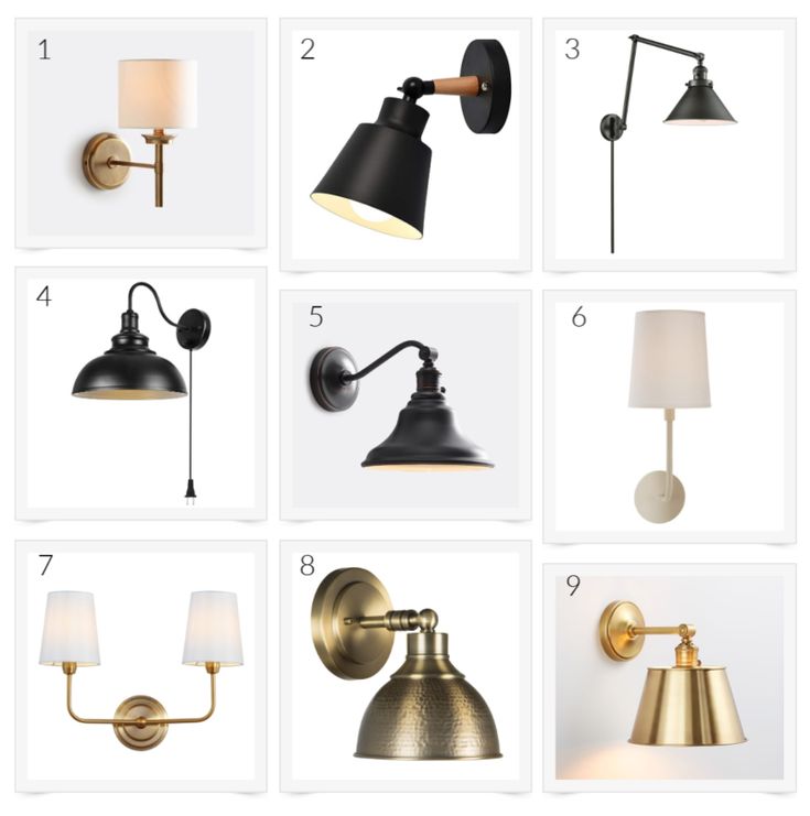 the different types of wall lights are shown in this set, including one light and two lamps