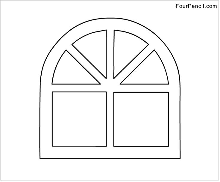 an arched window with four panes on the front and side, in black and white