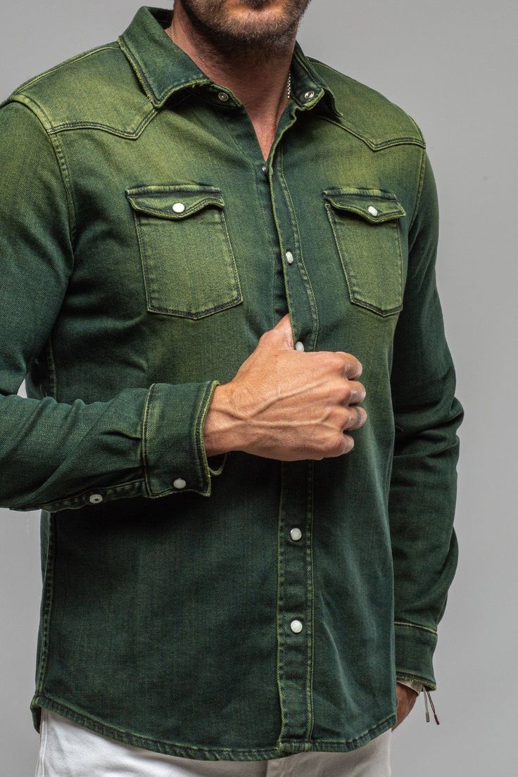 We have for years been searching for a fabric to create the perfect Axel's denim shirt; one with enough stretch for comfort, and a beefy, not 'boardy' look and feel. Finally, we've found exactly what we'd been searching for... but better! Individually dyed, washed and vintaged by Italian artisans, the Roper denim snap shirt features profound Western inspiration, but with a precision that only the Italians can accomplish with clothing. 94% cotton, 6% elastane [Stretch Denim] Pearlized Snaps Weste Rugged Long Sleeve Washed Shirt, Rugged Washed Long Sleeve Shirt, Distressed Long Sleeve Shirt Relaxed Fit, Casual Pre-washed Relaxed Fit Shirt, Casual Relaxed Fit Pre-washed Shirt, Casual Faded Shirt With Relaxed Fit, Casual Faded Relaxed Fit Shirt, Casual Relaxed Fit Faded Shirt, Faded Washed Casual Shirt